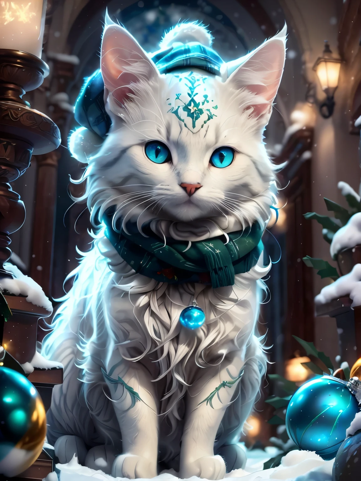 gray cat++, (green eyes)++, snow, (warm scarf)+, snowflakes, (bommelmütze)+, Christmas tree, dynamic colors, Nice, 32K, uhd, 16K+, best quality, ​masterpiece, very Nice, perfectionism, maximum details, Soft Shadows, exhilarated, insanely detailed, expressive, perfect, Intricate detailing, keen focus, extremely detail, filmic, Still from the film, heavenly, kristallin, volumetric lightning, Etchant, Octane Render, most absurd, Natural wonders, expressive, good looking, dramatic, blender, atmospheric, HDR, Amazing details 