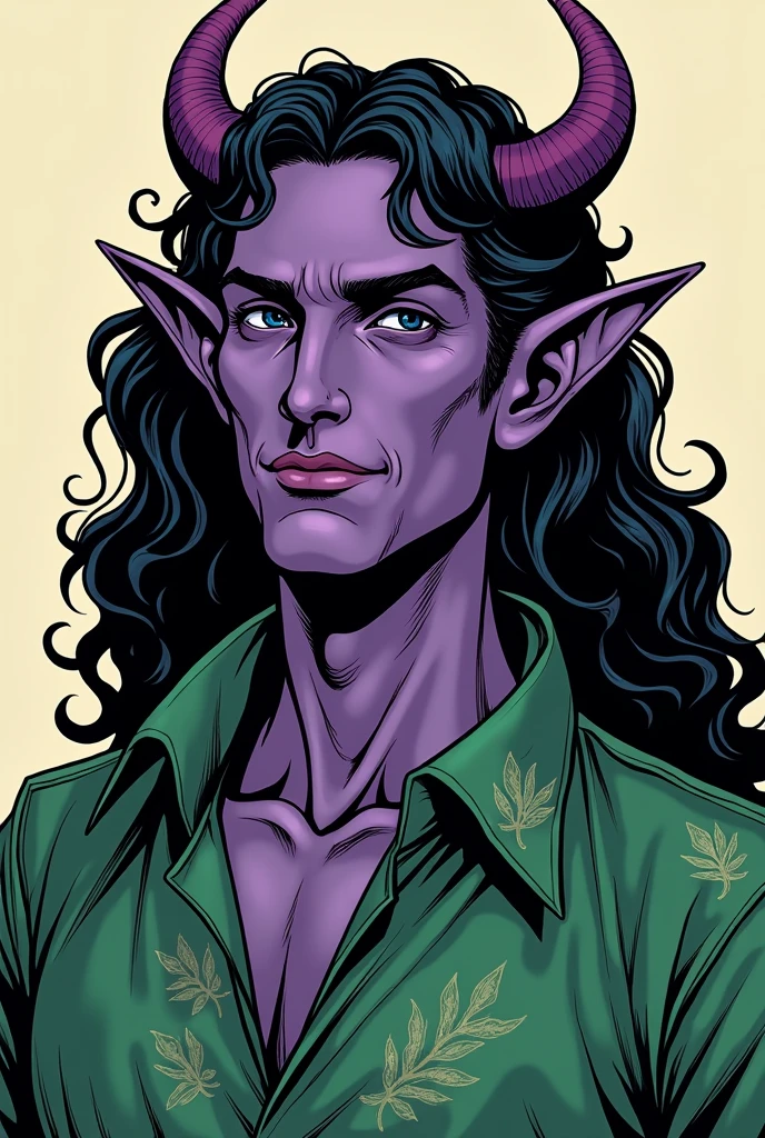 Create a tiefling druid with purple skin and small, curled horns. He has long, curly hair and wears a green shirt with intricate leaf patterns. His face should reflect maturity and wisdom, with well-defined features and a subtle, confident smile. Avoid a too-sweet or overly youthful expression; instead, give him a composed and serene demeanor. Use bold outlines and flat colors typical of traditional comic book art, ensuring that his proportions and details convey a sophisticated, mature appearance. Chifres pretos, aparência menos madura