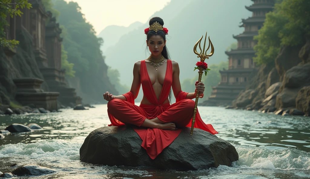 A beautiful woman dressed in sexy red clothes with a gold crown and she was sitting cross-legged on a large rock in the middle of the river., in his hands he holds a red rose and a golden trisulaweda stick, and the scenery around many ancient temples, she is like a woman from the ancient archipelago kingdom, he was taking off all his clothes as if he was going to take a shower