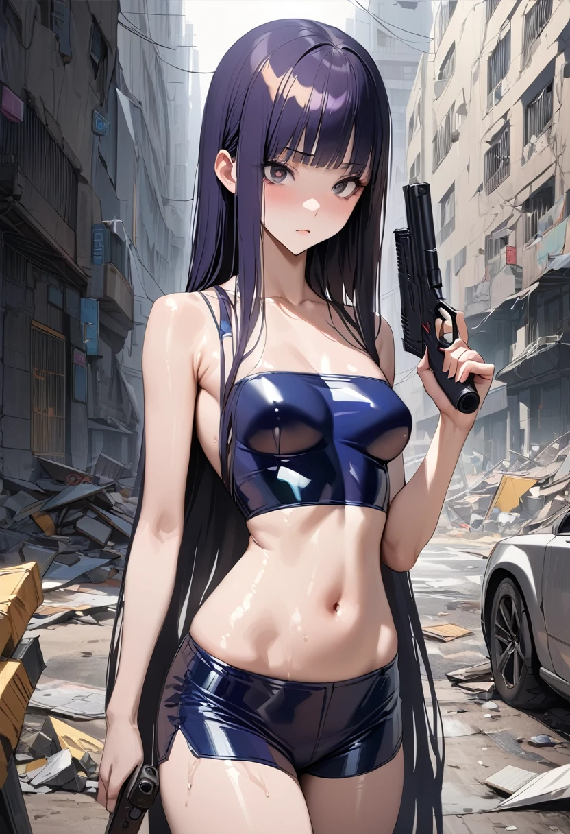 ((masterpiece,best quality anime,Highest quality:1.3)),realistic,cowboy shot,1woman,独奏,(30 year old beauty),((very small head:1.4)),((very long body:1.4)),(dark blue hair),straight long hair,(gorgeous big eyes),black eyes,Serious expression,((slender body:1.4,skinny)),(dark blue turtleneck sleeveles,navel、Navy blue latex shorts),Leg holster medium breasts,,oily skin:1.2,gleaming skin,shiny skin, (holding handgun),standing,on road,Ruined city、Collapsed Buildings、Cyberpunk World、