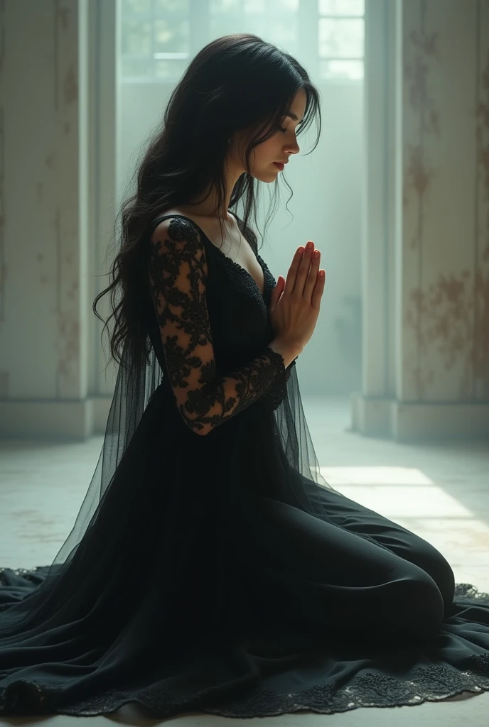 Beautiful woman , long black dress kneeling praying to God