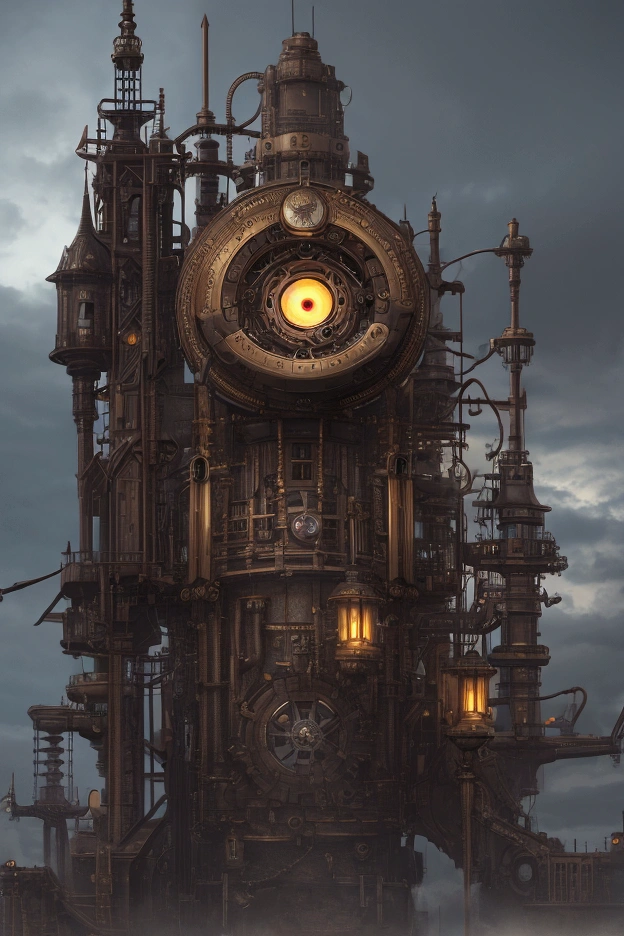 mechanical eye floating in a dark cloudy sky by steampunk technology mechanical machines