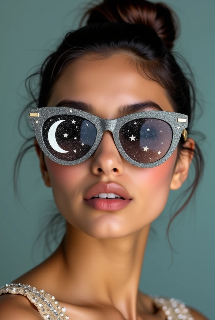 The model is wearing glass sunglasses with stars and the moon on the glass