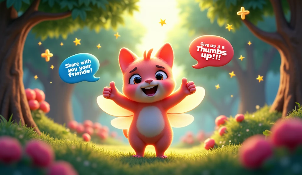 Create an engaging image that visually represents the encouragement to interact with the story. The scene should feature a vibrant, animated background related to the story—perhaps the magical forest with Luna and her friends. In the foreground, include an inviting and friendly character, like Luna or Sparkle the Fairy, holding a large, cheerful thumbs-up sign. Surround the character with playful elements like stars, sparkles, and speech bubbles containing phrases like 'Give us a thumbs up!' 'Share with your friends!' and 'Leave a comment below!' The overall mood should be warm and inviting, encouraging viewers to interact with the content. Use bright, eye-catching colors to make the image visually appealing and engaging.