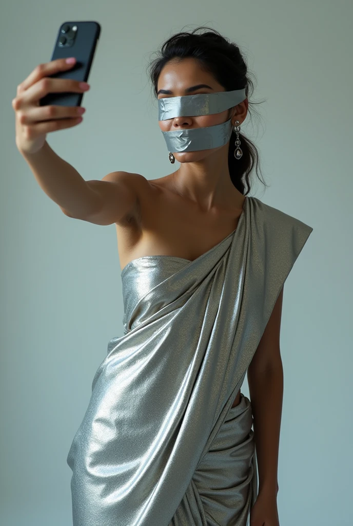 Beautiful girl Duct tape gagged in silver shimmering saree taking selfie