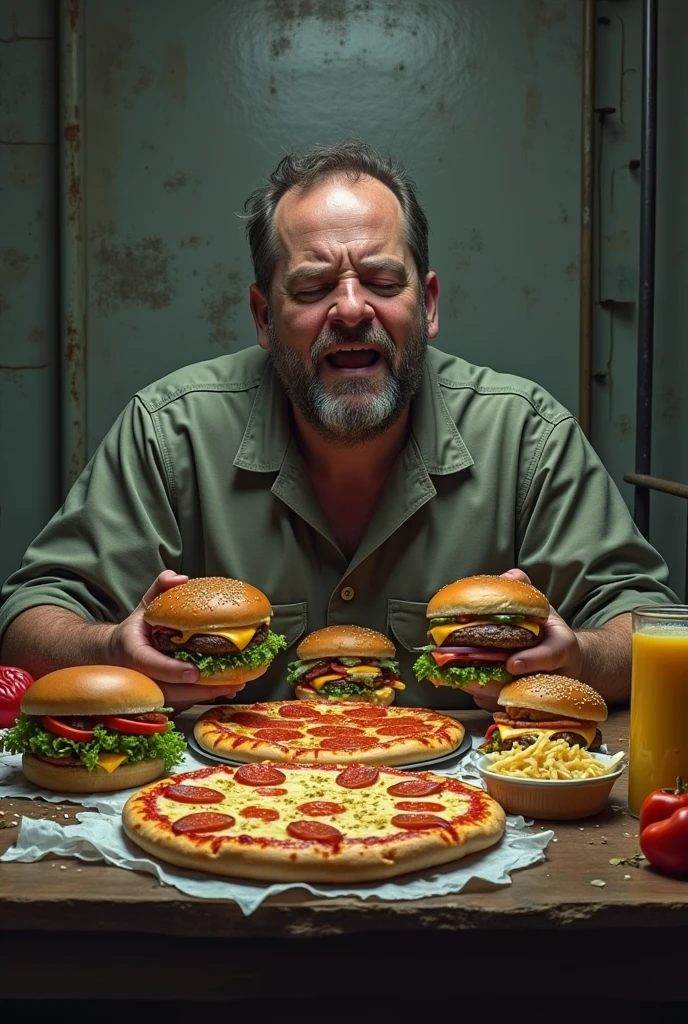 Foods sitting on table ,in prison,man eating, burgers,pizza,all fast foods