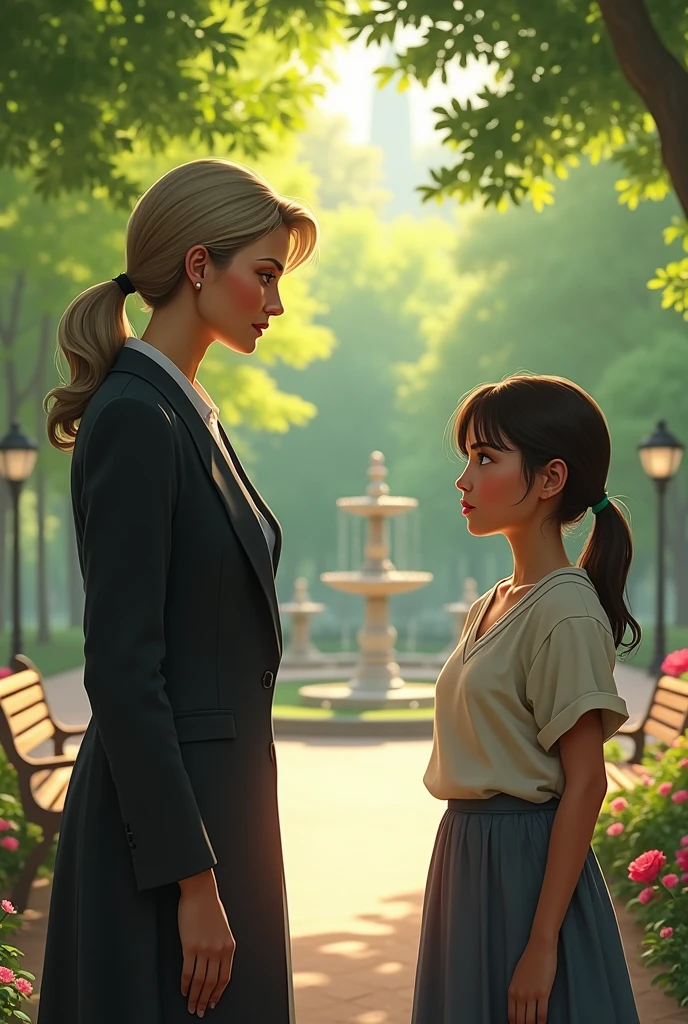 A middal age wealthy women conservation with poor young girl in park