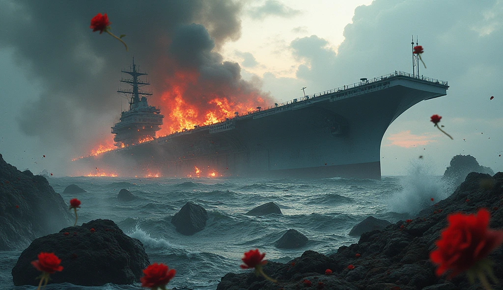 2024 broad view(masterpiece, best quality) destroyed sea; Navy aircraft carrier sinking; fire everywhere; Red roses falling into the sea.