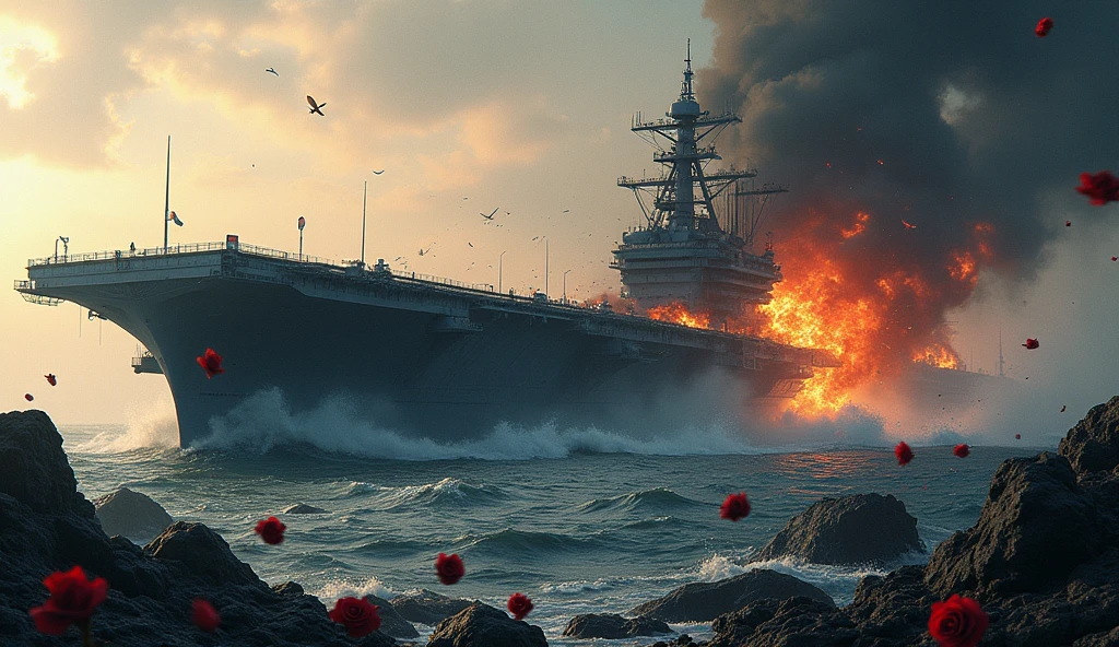 2024; (masterpiece, best quality) destroyed sea; Navy aircraft carrier sinking; fire everywhere; Red roses falling into the sea.