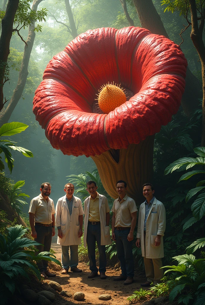 Scientists happy because they found the plant Rafflesia Arnoldi, Rafflesia arnoldi in normal size as in google