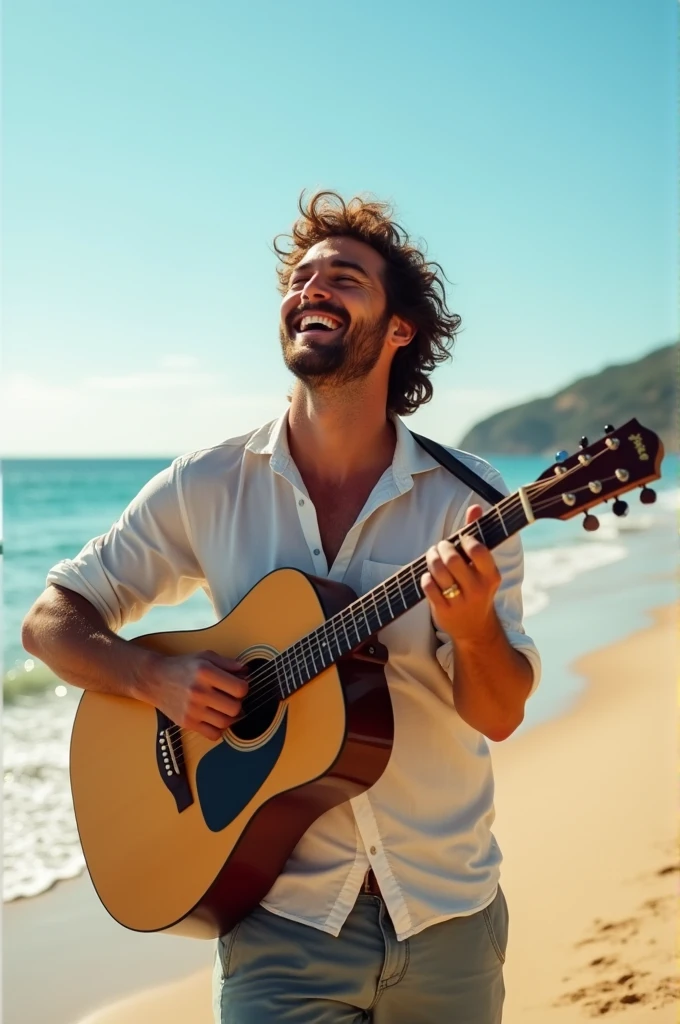 a man is playing guitar happily on the beach