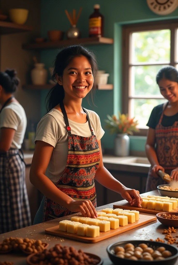 I need you to generate a very realistic image of a lady around 40 to 50 years old of Nicaraguan nationality who is dedicated to preparing traditional Nicaraguan sweets and who is making, for example, coconut cajeta., milk candy among other sweets from Nicaragua and that has kitchen assistants