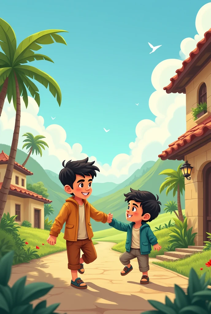 "Illustrate a short story about two brothers, Ali and Hasan, living in a village.cartoon