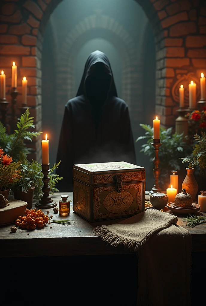 pandoras box on the witch table, with sandalwood, vetiver, cedar, witch, candles