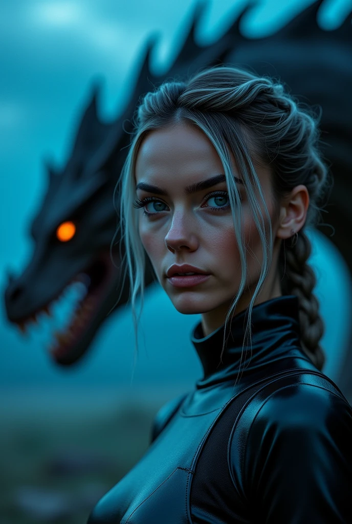 Close-up image, night background a dark thunderstorm, black and phosphorescent blue light, of an extremely beautiful woman, grayish eyes, black and white hair at the ends braided around the head like a ponytail , dressed in a leather turtleneck shirt, and a BIG dragon with golden eyes