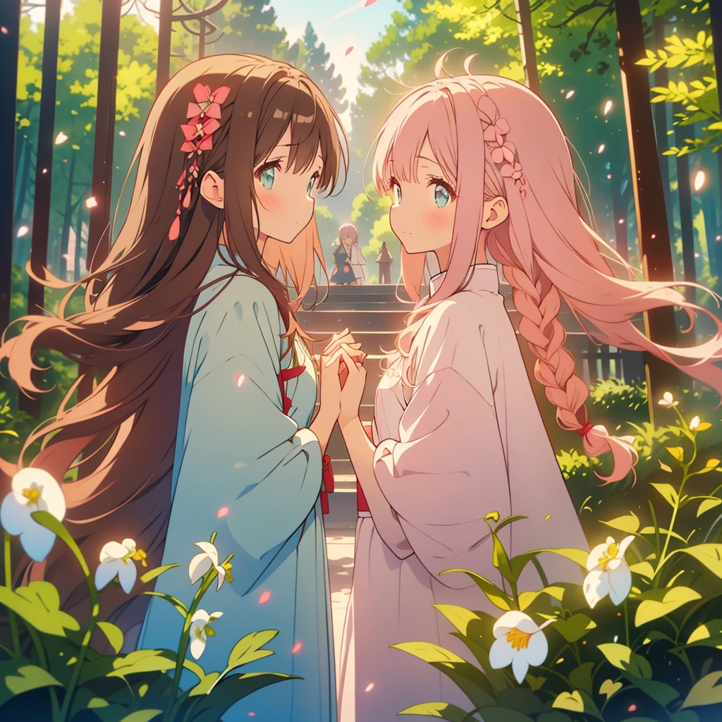 Snowdrop、A young girl with light pink hair and scarlet eyes、A girl with long dark brown hair and green eyes、Snowdropの花畑、Symmetrical、Back to Back、smile、Fantasy、dusk、Starry Sky、grassland、Holding hands、Reunion、A young girl with short light pink hair and scarlet eyes., Girl with long dark brown hair and green eyes