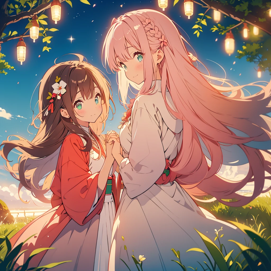 Snowdrop、A young girl with light pink hair and scarlet eyes、A girl with long dark brown hair and green eyes、Snowdropの花畑、Symmetrical、Back to Back、smile、Fantasy、dusk、Starry Sky、grassland、Holding hands、Reunion、A young girl with short light pink hair and scarlet eyes., Girl with long dark brown hair and green eyes