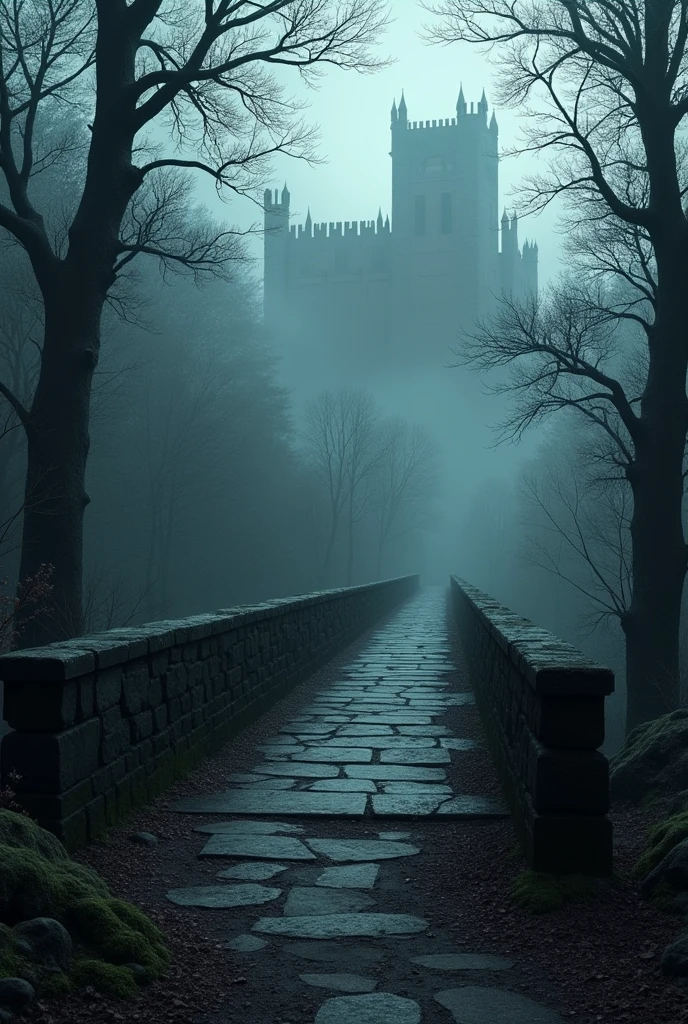 dark image of bridge in dark forest with castle in background, a matte painting, inspired by Andreas Rocha, winner of the cgsociety competition, fantasy art, moody misty fantasy art, dark fantasy art, dark fantasy landscape, dark fantasy concept art, fantasy horror art, dark fantasy art, fantasy dark art, dark fantasy artwork, dark fantasy setting