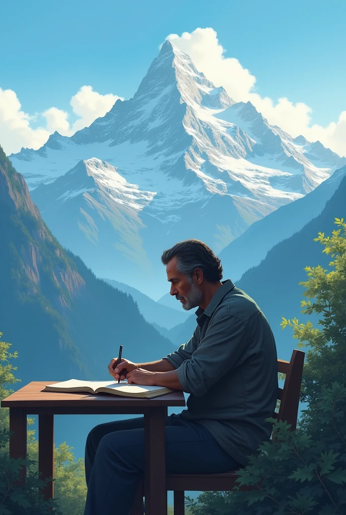 A man sitting on a table and writing in a book.If you are genuine then you will respect everyone.In background,there is a beautiful view of mountains and green scene