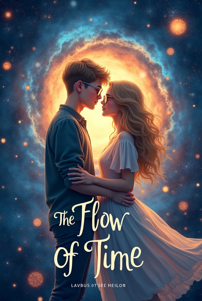 Romance book cover, with the name Flow of time Adult couple Blond boy,
girl with long black hair Both wear glasses Background with universe