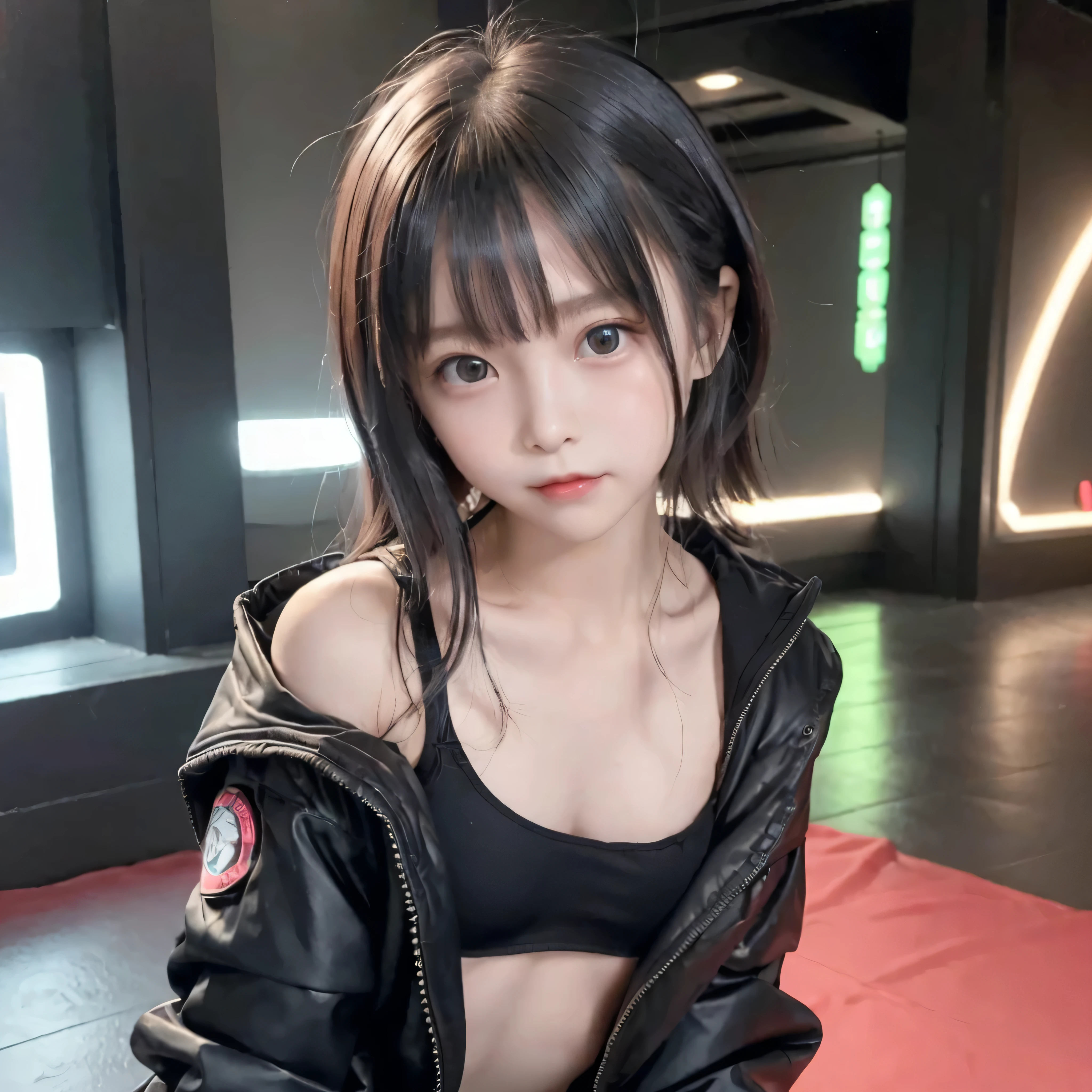 (Beautiful girl small breasts)、flat chest,Japanese、６age、Immature girl、beautiful girl、Wearing a black jacket, Long Hair, Cyberpunk Red Green Background、(((Nipple details)))(((Upper body naked))),smile,Young Face,、Round face,Big eyes, Round eyes、No makeup