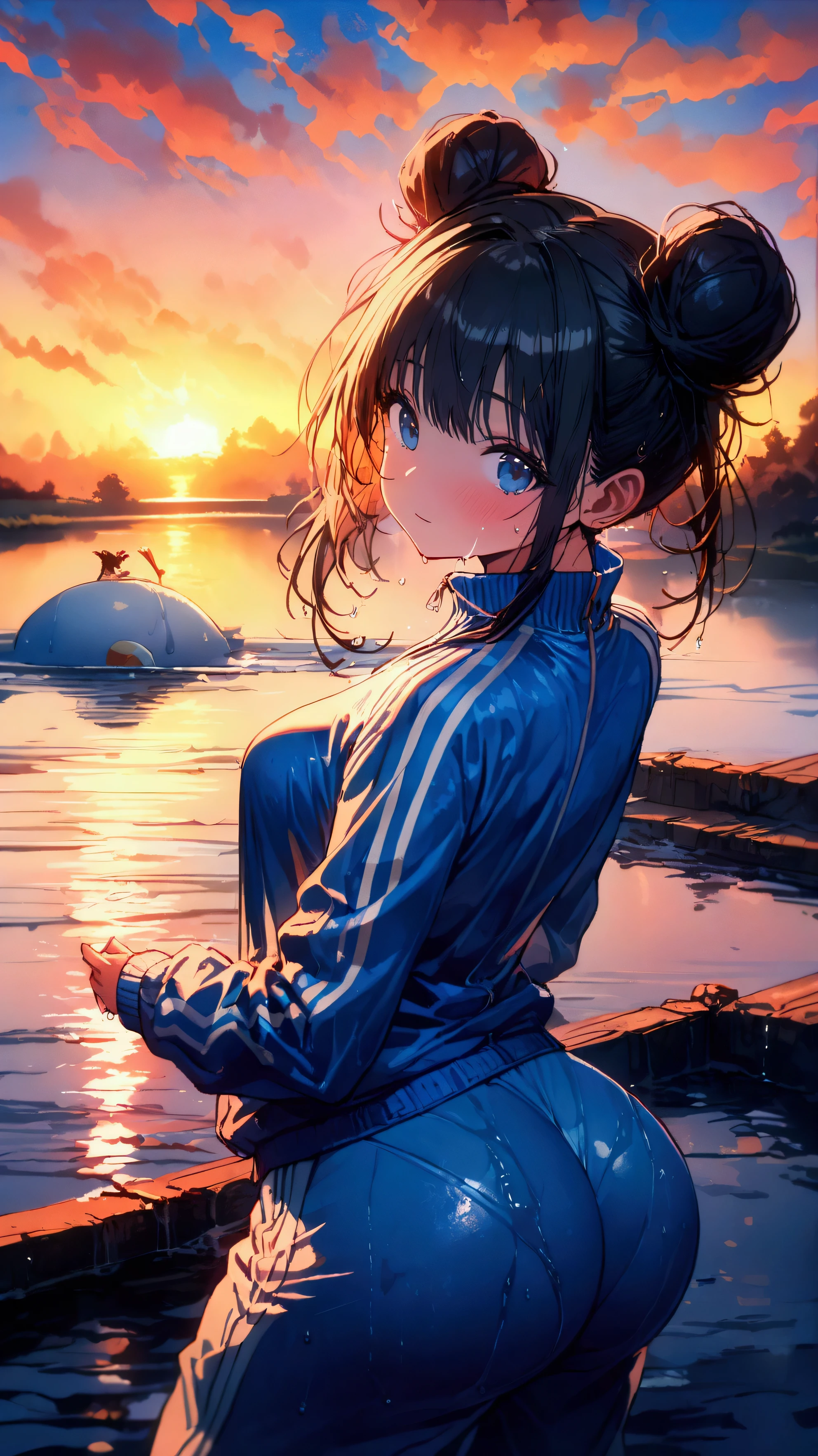 (beautiful girl: 1.3),1girl,masterpiece, Highest quality, Ultra-high resolution,Rich contrast,super high quality,8k,Highly detailed CG unit wallpaper,texture,Unbelievably absurd,Ultra-high resolution,RAW Photos,Depth of Field 1.2,Black Hair,double buns, (Blue sweatpants:1.3), (The jacket is a blue track jacket:1.3), Rear view、The sunset is dazzling when you enter the waterway.,Wet,((Focus on the very big things, Round and beautifully shaped butt)),Baggy clothes,sunset reflection,