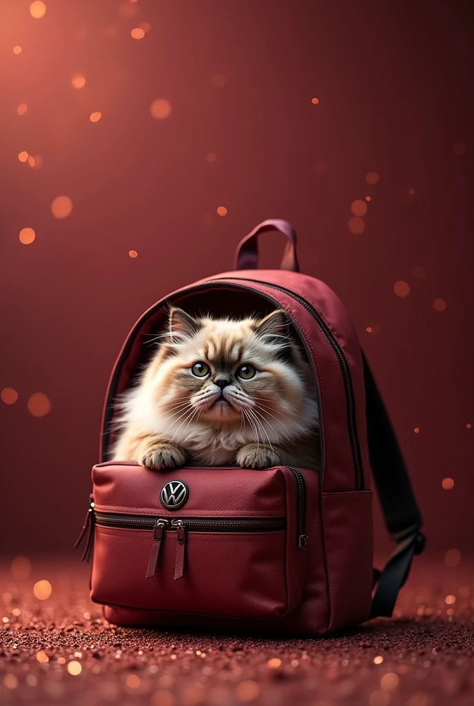 A photography of Volkswagen backpack design concept, inside backpack is the fluffy british short hair cat with cute face. The background is maroon dark colours with shine and sparkle effect. The signboard says "AI ART HAZRIN"