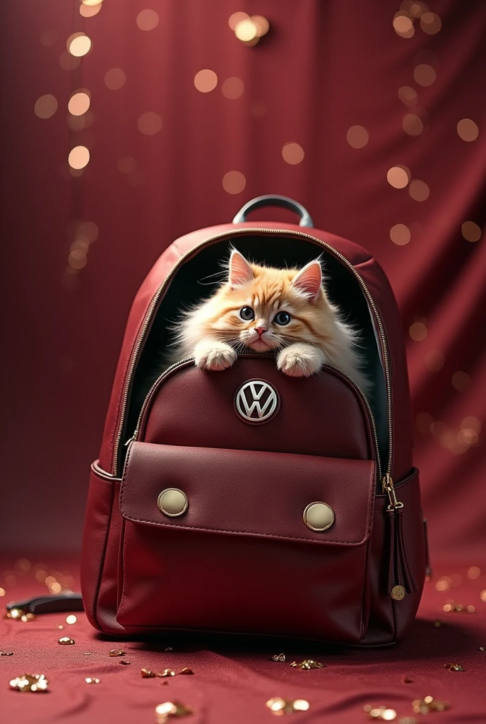 A photography of  Volkswagen  backpack design  concept, inside backpack is the fluffy british short hair cat with cute face. The background is maroon dark colours with shine and sparkle effect. The signboard says "AI ART HAZRIN"