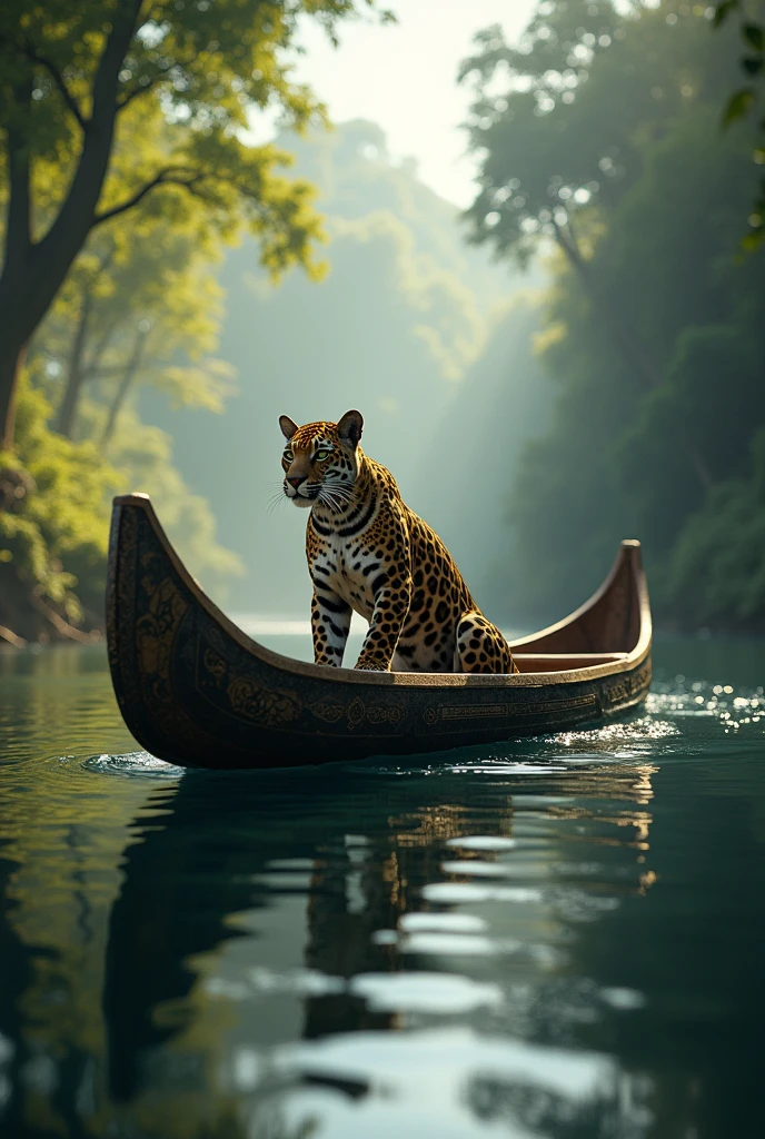 jaguar riding a canoe