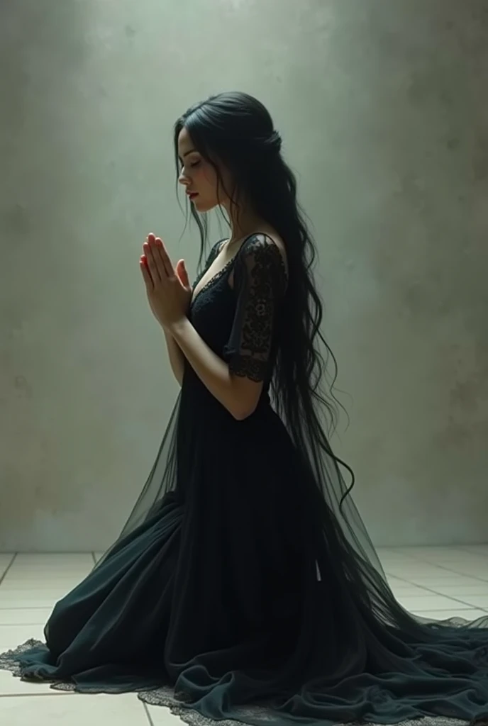 Beautiful woman , long black dress kneeling praying to God