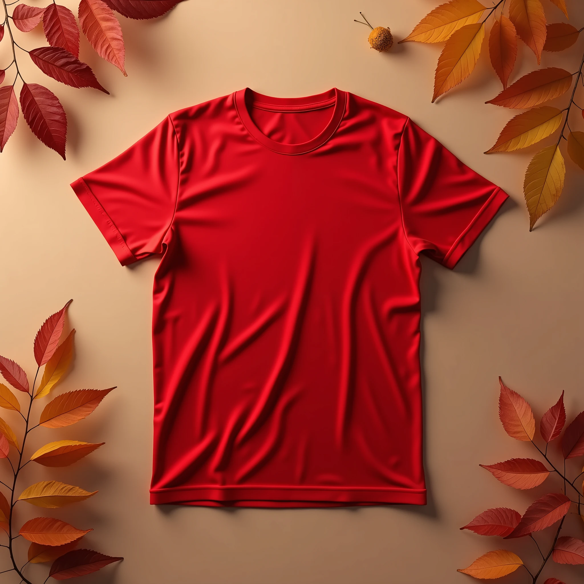 a red t-shirt mockup, flat lay, fall season, minimal, autumn background, studio lighting, (best quality,4k,8k,highres,masterpiece:1.2),ultra-detailed,(realistic,photorealistic,photo-realistic:1.37),extremely detailed