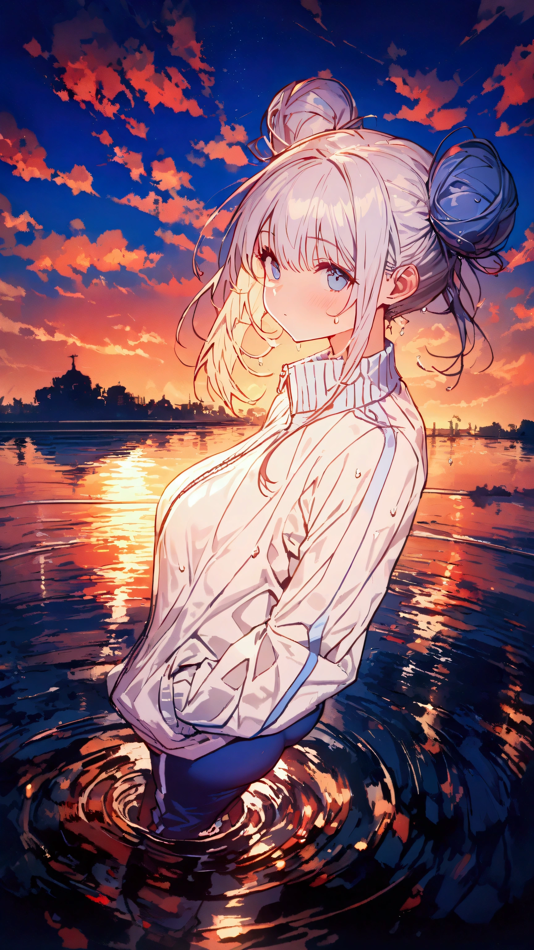 (beautiful girl: 1.3),1girl,masterpiece, Highest quality, Ultra-high resolution,Rich contrast,super high quality,8k,Highly detailed CG unit wallpaper,texture,Unbelievably absurd,Ultra-high resolution,RAW Photos,Depth of Field 1.2,Black Hair,double buns, (Blue sweatpants:1.3), (The jacket is a blue track jacket:1.3), Rear view、The sunset is dazzling when you enter the waterway.,Wet,((Focus on the very big things, Round and beautifully shaped butt)),Baggy clothes,sunset reflection,