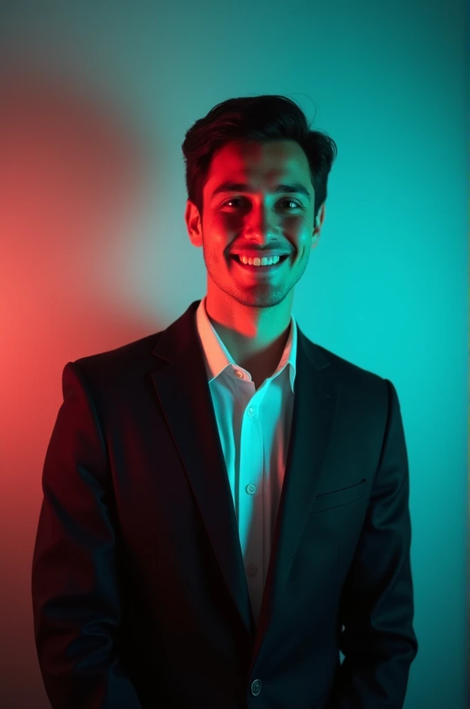 +

A young man with dark hair and a confident smile. He is dressed in a black blazer over a white shirt. The man is positioned against aqua colour backdrop with a subtle red lighting on the left side. and he posing for Linkedin profile