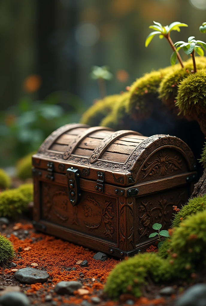 small wooden chest, nutmeg, clove, moss, amber, orange, mystic feeling