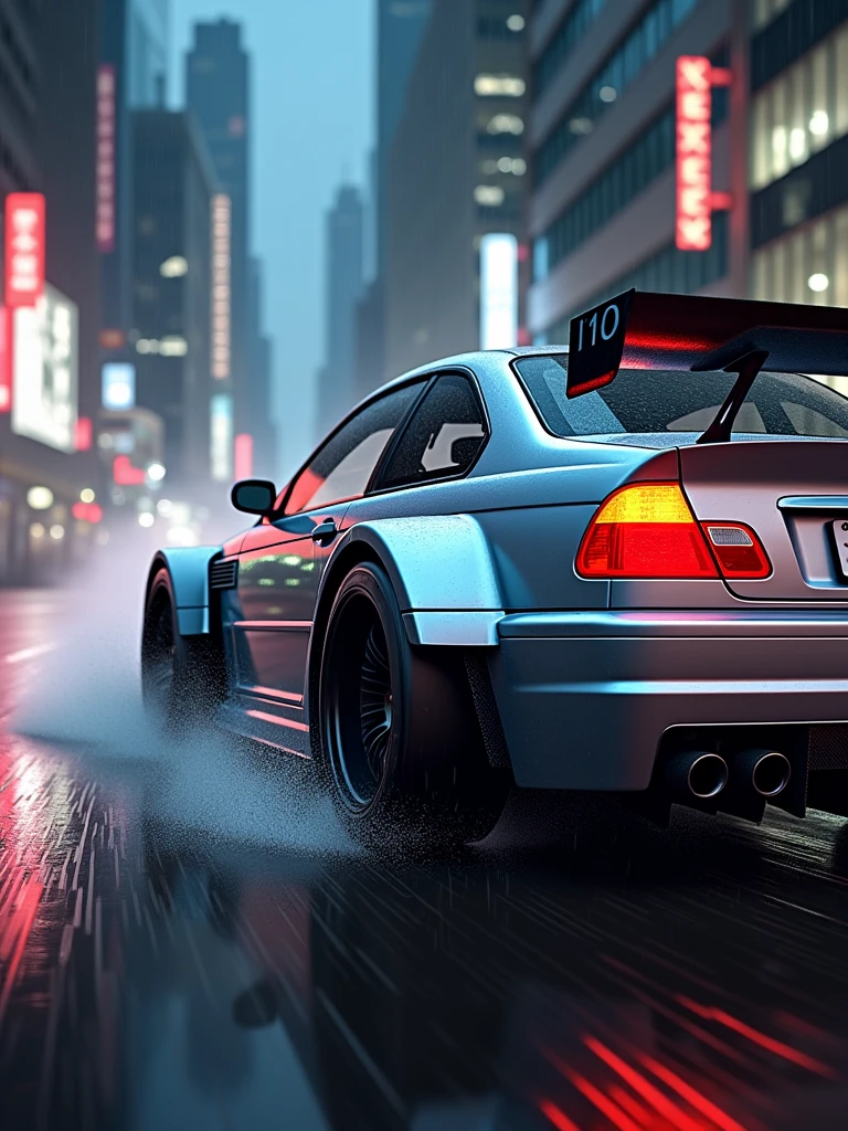 car silver and blue bmw e46 m3 gtr need for speed most wanted style drifting chase, action shot, high speed, night life, heavy rain, lens flare, intricate, elegant, highly detailed, realistic, concept art, matte, sharp focus, hearthstone