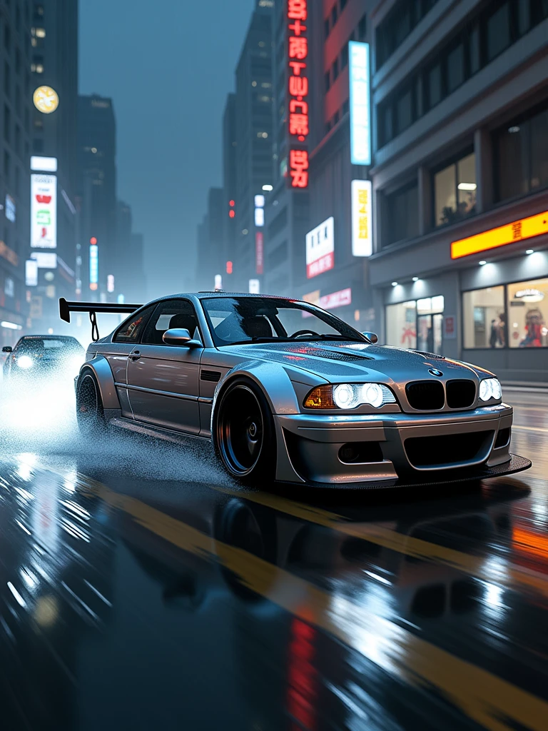 car silver and blue bmw e46 m3 gtr need for speed most wanted style drifting chase, action shot, high speed, night life, heavy rain, lens flare, intricate, elegant, highly detailed, realistic, concept art, matte, sharp focus, hearthstone