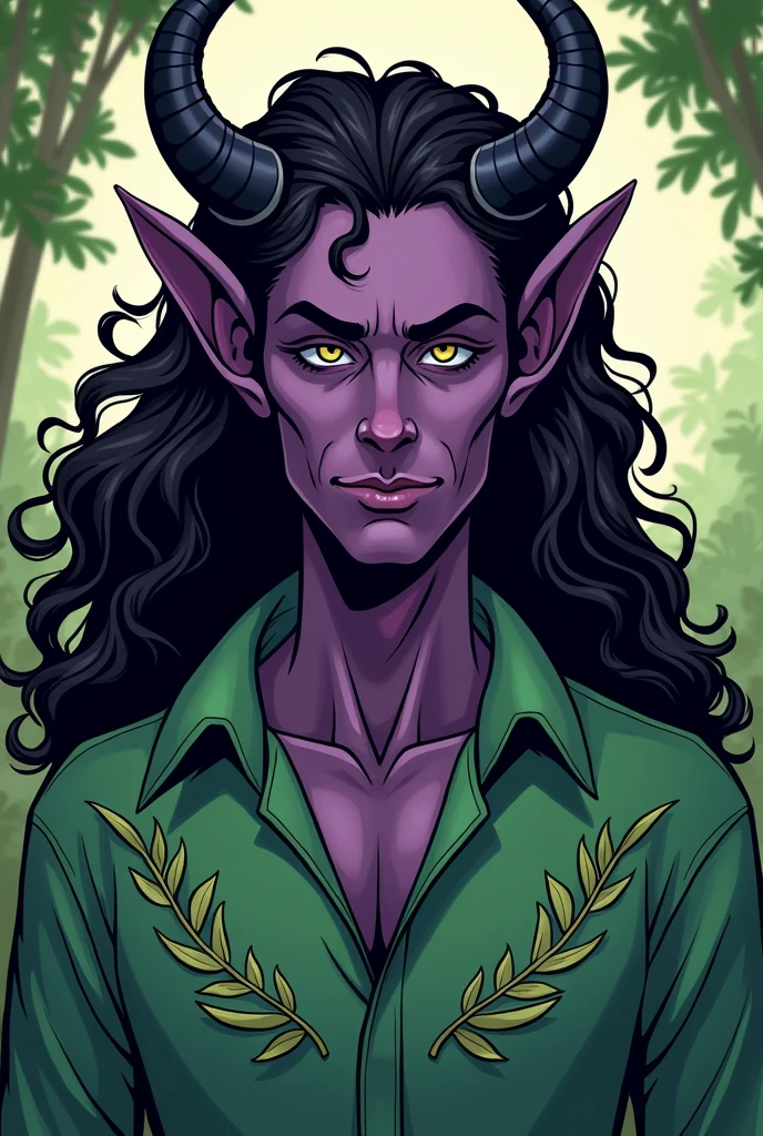 Create a tiefling druid with purple skin and small, curled horns. He has long, curly hair and wears a green shirt with intricate leaf patterns. His face should reflect maturity and wisdom, with well-defined features and a subtle, confident smile. Avoid a too-sweet or overly youthful expression; instead, give him a composed and serene demeanor. Use bold outlines and flat colors typical of traditional comic book art, ensuring that his proportions and details convey a sophisticated, mature appearance. Chifres pretos, aparência menos madura, rosto menos quadrado