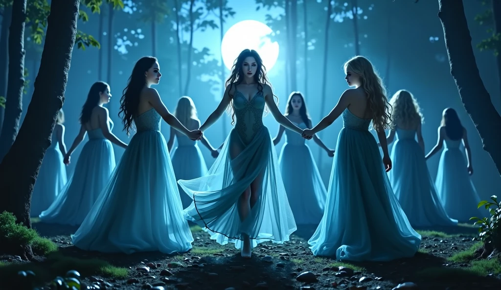 "In a full moonlight, A full-body shot of a realistic fairytale scene in a beautiful magical forrest, bathed in moonlight. "Night scene" "Beautiful blue hue colour pallette." "A 7 fairy queens and princesses with realistic big blue eyes with eye makeup and a serious, direct gaze at each other, dancing in sircle, holding hands." "A Fairy queen, dancing in the moonlight with arms up in the air, with blonde long curly hair." "Dancing fairy princess with a long black hair in a sheer wet transparent dress outfit, big breasts, thin waist, big butt, looks provocative" Fairys dancing in sircle with camping f(ire in the middle of the sircle) " "The lighting is natural and bright, highlighting their features and casting a soft glow around their hair, creating a high-contrast effect that emphasizes the subject's presence. " "A white rapid is just there" The realistic scene includes a strikingly beautiful fairy queens and a princesses in a beautiful and magical forrest in the middle of the night. "The vast environment paints a magical but ritual admosphere". # Configuration settings clip_guidance_scale = 20 # High adherence to the detailed prompt, emphasizing facial features hr_scale = 2.0 # High resolution to capture intricate details in the hair and face. hr scale =2.0 # Perfect human female body. Best hands 1:1, super realistic hair 1:1, hyper realistic eyes 1:1, extra detailed delicate moist skin, most detaled and realistic face 1:1. #A realistic stage with thorough details and clear focus on the queens.