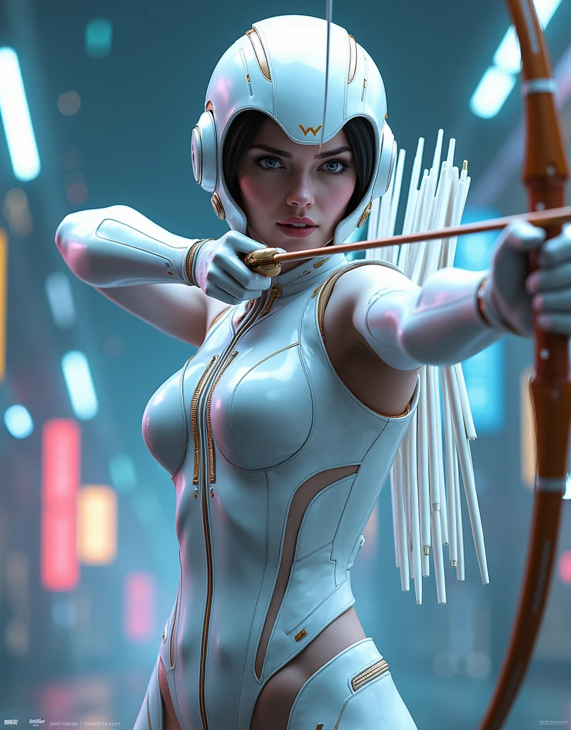 Hawkeye arrow man glossy white suit in with glowing white lighting cyberpunk futuristic costume background