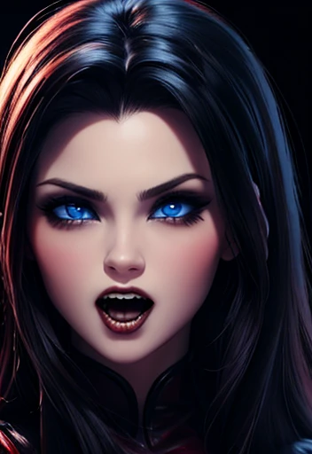 Vamp, open mouth with fangs , huge, horror ,blood,  Beautiful face detailed perfectly with blue eyes and big tits, high resolution wallpaper 