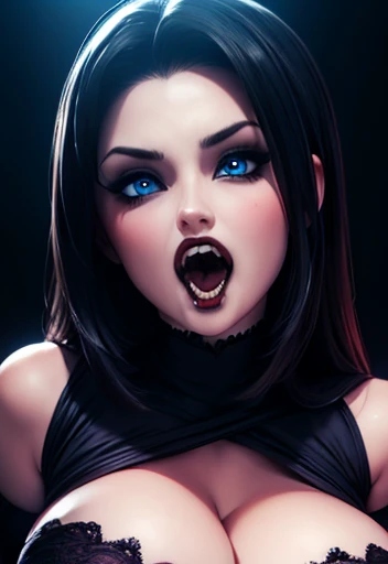 Vamp, open mouth with fangs , huge, horror ,blood, Beautiful face detailed perfectly with blue eyes and big tits, high resolution wallpaper