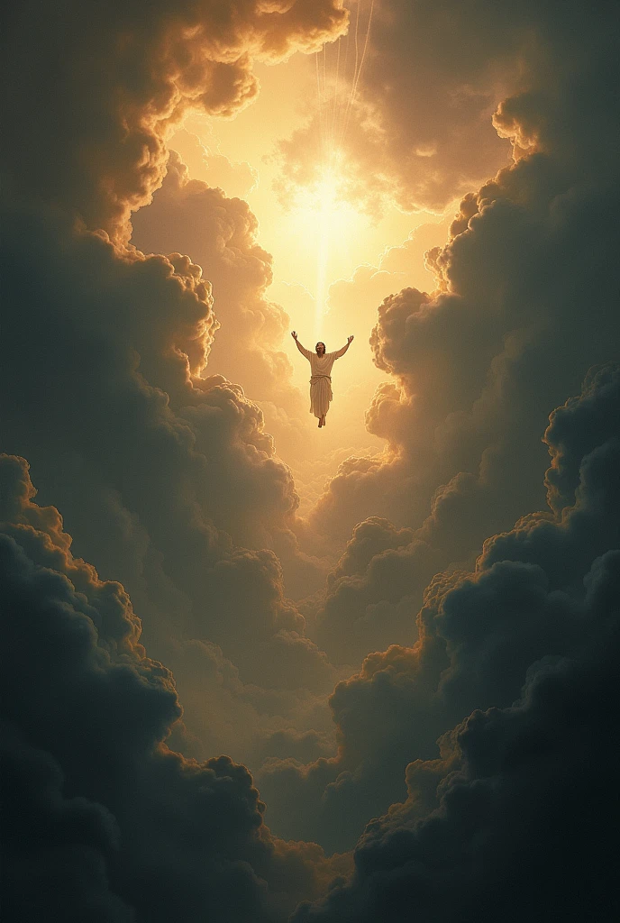 The sky is full of black clouds, and a strong storm.  In the middle of heaven there is an opening through which Jesus is seen coming on the clouds of heaven together with many angels