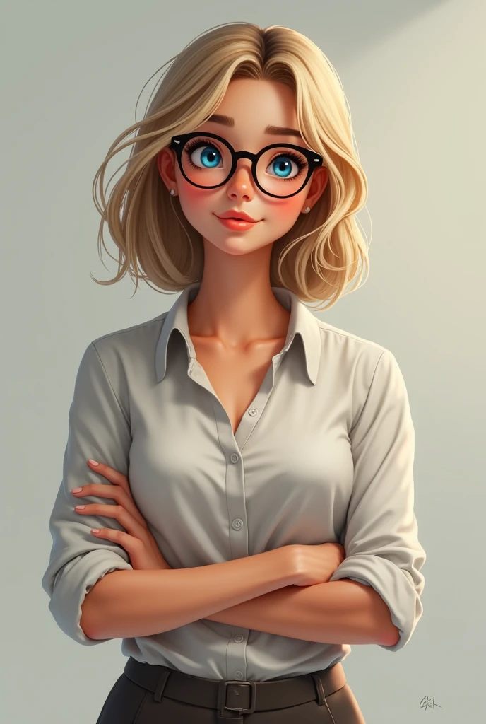 Create the image of a blonde woman with blue eyes wearing glasses, short hair and modest clothing 
