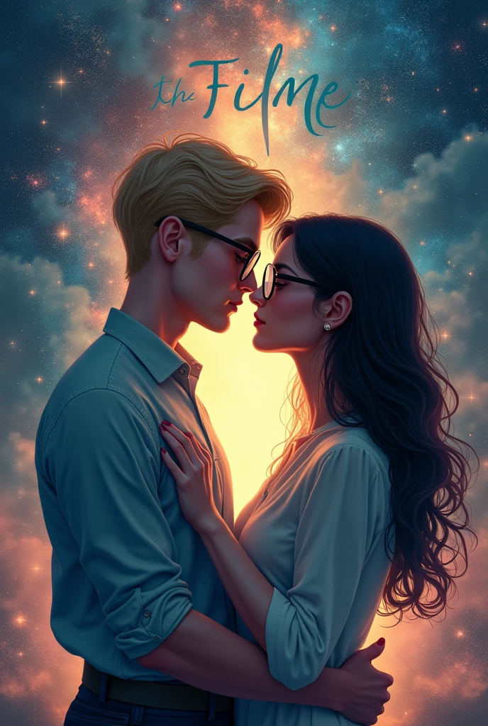 Romance book cover, with the name Flow of time Adult couple Blond boy,
 girl has long black hair Both wear glasses Background with universe
