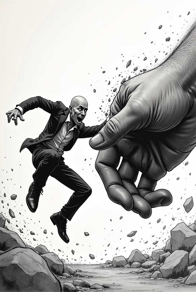 a bald man taking a FULL hit from a giant hand, in the air, with a good point of view to capture the full impact of the blow (manga art style) (hand drawn) (dynamic point of view) 