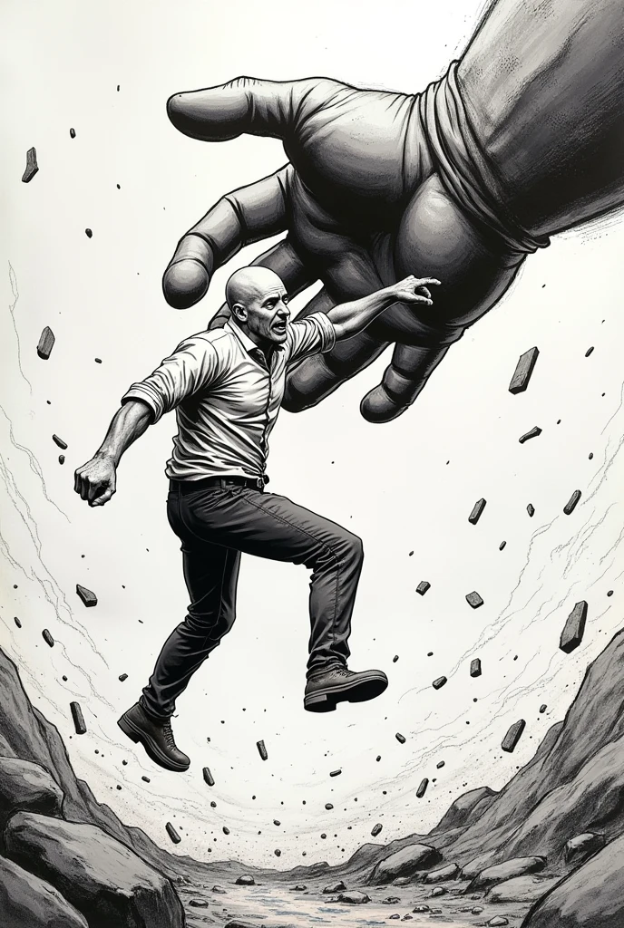 a bald man taking a FULL hit from a giant hand, in the air, with a good point of view to capture the full impact of the blow (manga art style) (hand drawn) (dynamic point of view)