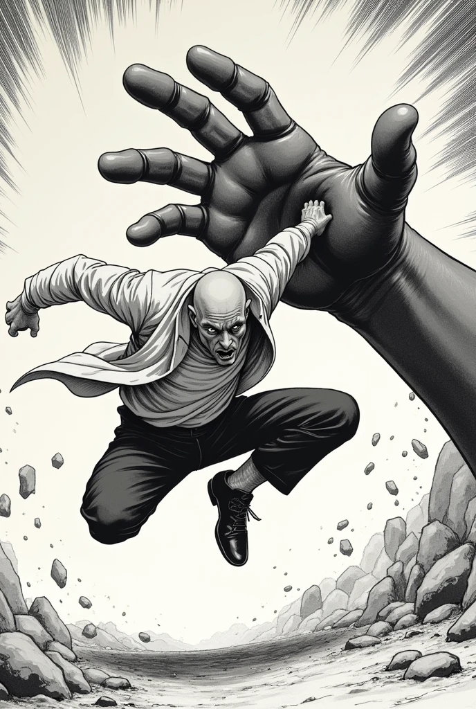 a bald man taking a FULL hit from a giant hand, in the air, with a good point of view to capture the full impact of the blow (manga art style) (hand drawn) (dynamic point of view) 