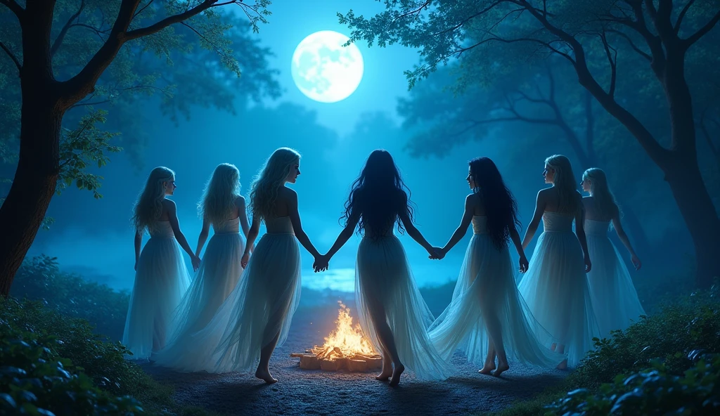 "In a full moonlight, A full-body shot of a realistic fairytale scene in a beautiful magical forrest, bathed in moonlight. "Night scene" "Beautiful blue hue colour pallette." "A 7 fairy queens and princesses with realistic big blue eyes with eye makeup and a serious, direct gaze at each other, dancing in sircle, holding hands." "A Fairy queen, dancing in the moonlight with arms up in the air, with blonde long curly hair." "Dancing fairy princess with a long black hair in a sheer wet transparent dress outfit, big breasts, thin waist, big butt, looks provocative" Fairys dancing in sircle with camping f(ire in the middle of the sircle) " "The lighting is natural and bright, highlighting their features and casting a soft glow around their hair, creating a high-contrast effect that emphasizes the subject's presence. " "A white rapid is just there" The realistic scene includes a strikingly beautiful fairy queens and a princesses in a beautiful and magical forrest in the middle of the night. "The vast environment paints a magical but ritual admosphere". # Configuration settings clip_guidance_scale = 20 # High adherence to the detailed prompt, emphasizing facial features hr_scale = 2.0 # High resolution to capture intricate details in the hair and face. hr scale =2.0 # Perfect human female body. Best hands 1:1, super realistic hair 1:1, hyper realistic eyes 1:1, extra detailed delicate moist skin, most detaled and realistic face 1:1. #A realistic stage with thorough details and clear focus on the queens.