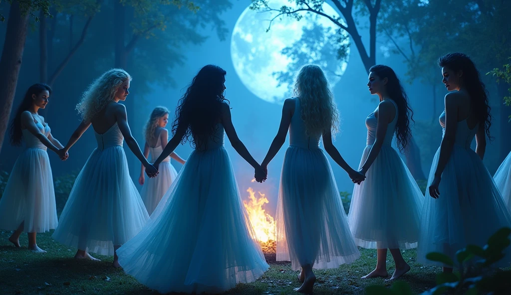 "In a full moonlight, A full-body shot of a realistic fairytale scene in a beautiful magical forrest, bathed in moonlight. "Night scene" "Beautiful blue hue colour pallette." "A 7 fairy queens  and princesses with realistic big blue eyes with eye makeup and a serious, direct gaze at each other, dancing in sircle, holding hands." "A Fairy queen, dancing in the moonlight with arms up in the air, with blonde long curly hair." "Dancing fairy princess with a long black hair in a sheer wet transparent dress outfit, big breasts, thin waist, big butt, looks provocative" Fairys dancing in sircle with camping f(ire in the middle of the sircle) " "The lighting is natural and bright, highlighting their features and casting a soft glow around their hair, creating a high-contrast effect that emphasizes the subject's presence. " "A white rapid is just there" The realistic scene includes a strikingly beautiful fairy queens and a princesses in a beautiful and magical forrest in the middle of the night. "The vast environment paints a magical but ritual admosphere". # Configuration settings clip_guidance_scale = 20 # High adherence to the detailed prompt, emphasizing facial features hr_scale = 2.0 # High resolution to capture intricate details in the hair and face. hr scale =2.0 # Perfect human female body. Best hands 1:1, super realistic hair 1:1, hyper realistic eyes 1:1, extra detailed delicate moist skin, most detaled and realistic face 1:1. #A realistic stage with thorough details and clear focus on the queens.