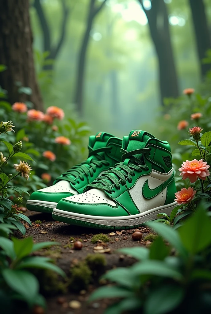 nike air jordan sneakers with green plants and flowers in the middle of an enchanted forest, with a streetwear style background, ultra detailed, realistic, --ar 4:5 --v 6.1 cor do tenis verde